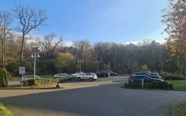 a parking lot with cars and trees